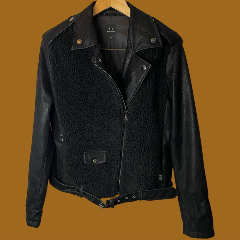 NWT Armani Exchange Women Moto Biker Leather Shearling Jacket Grunge Sz XL/M